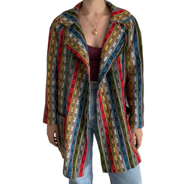 Vintage 1960s Womens Retro Colorful Geometric Striped Mid Length Jacket Sz M 