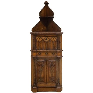 Antique French Gothic Revival Carved Walnut Corner Cabinet 19th Century 