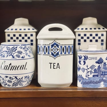 Antique Blue Stencil TEA German Dutch Ceramic Canisters  | Blue + White Kitchen | Antique German | Barley Canister French Blue Canister 