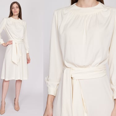 M| 70s Minimalist Ivory Belted Midi Dress - Medium | Vintage Long Sleeve Secretary Dress 
