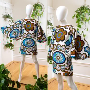 Vintage 1960s 1970s Mini Dress | 60s 70s Psychedelic Bell Sleeve Floral Geometric Op Art Barkcloth Printed Shift Day Dress | x-small/small 