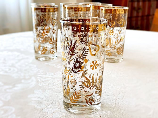 SET of popular 4- GEORGES BRIARD HIGH BALL GLASSES. SPANISH GOLD AND BLUE PATTERN.