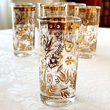 Georges Briard glasses 4 Gold highball cocktail glasses, Persian Garden floral glass barware tumblers Eclectic boho bar decor 