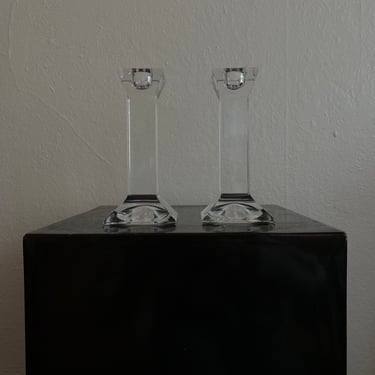 Vintage pair of clear glass candle holders 