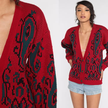 Paisley Cardigan Sweater 90s Red Geometric Boho Button Up Knit 80s Acrylic Sweater Vintage Retro Medium 