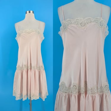 Vintage 70s Paula Carbone Papillon Large Pale Pink Drop Waist Slip Negligee Nightgown - Seventies Lingerie Slip 