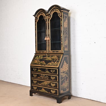 Chinoiserie Black Lacquered Drop Front Secretary Desk With Lighted Bookcase Hutch