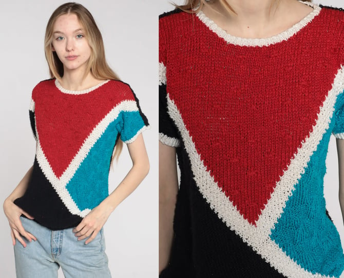 80s Knit Top Color Block Shirt Short Sleeve Sweater Top Red Black Bohemian Retro Tee Vintage 1980s Ramie Cotton Small S 