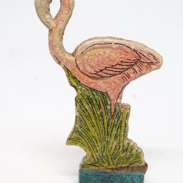 Antique 1930's German Flamingo in Wood Stand, Pressed Embossed Cardboard Stand Up Zoo Toy for Vintage Christmas Putz or Nativity 