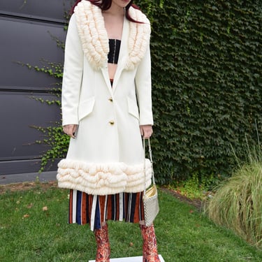 LILLI ANN 70s Vintage Princess Coat Ivory Knit Yarn Trim Sz S to Med 