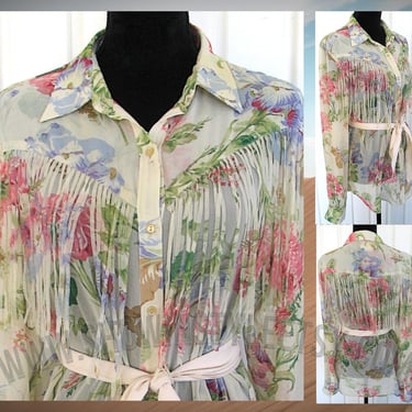 Vintage Retro Women's Cowgirl Western Shirt by Ralph Lauren, Rodeo Queen Blouse, Sheer Pastel Print with Fringe, Large (see meas. photo) 