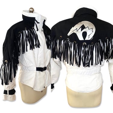 80s Skea Western fringe Ski jacket 6, vintage 1980s Southwest Parka Painted Concho M Glamorous 