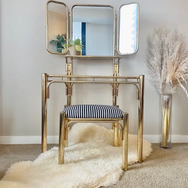 Vintage Gold & Smoked Glass Triple Mirror Vanity