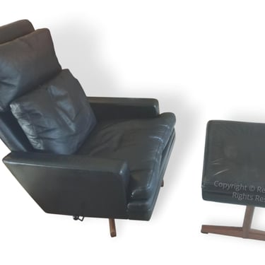 Danish Modern Black Leather High Back Recliner Lounge Chair + Ottoman By Fredrik A. Kayser for Vante Mobler of Scandinavia MCM Mid Century 