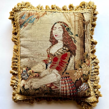 Antique Victorian Needlepoint Embroidery Throw Pillow Portrait of Young Woman 