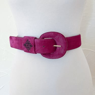 80s Magenta Fuchsia Suede Wide Belt with Black Embroidered Filigree | Small 
