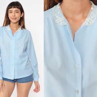 Baby Blue Blouse 70s Sheer Lace Collar Top Boho Button Up Shirt Pastel Bohemian Vintage 1970s Shirt Long Sleeve Medium Large 