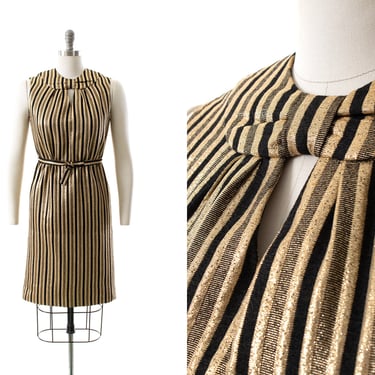 Vintage 1960s Dress | 60s Striped Metallic Gold Black Keyhole Belted Shift Sleeveless Evening Holiday Party Dress (small) 