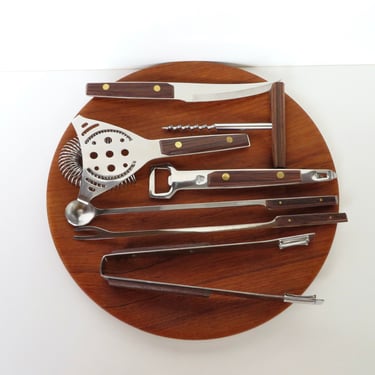 7 Piece MCM Vintage Rosewood and Stainless Bar Tool Set, Mid Century Modern Luxury Cocktail Gift Set 
