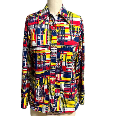 1970s geometric print polyester disco era shirt - size XL 