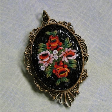 Vintage Italian Micro Mosaic Pendant With Flower Motif, Micro Mosaic Pendant, Old Italian Micro Mosaic Pendant (#4002) 