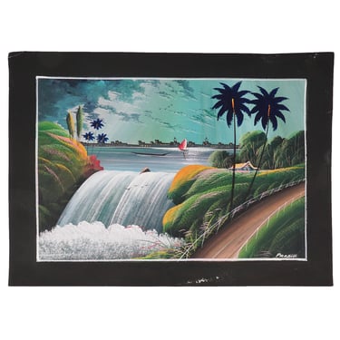 Pradip Acrylic Painting on Paper India Landscape Vintage Waterfall Summer Scene 
