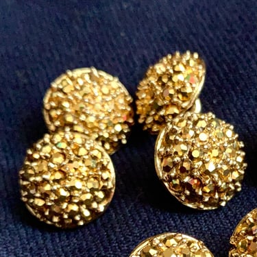 Sparkly Gold Rhinestone Buttons, St John,  Jeweled, Sculptural Metal, Shank, Set 7 