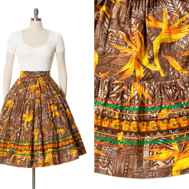 Vintage 1950s Circle Skirt | 50s Birds of Paradise Floral Hawaiian Cotton Brown Tiered Ric Rac Tropical Summer Vacation Swing Skirt (medium) 