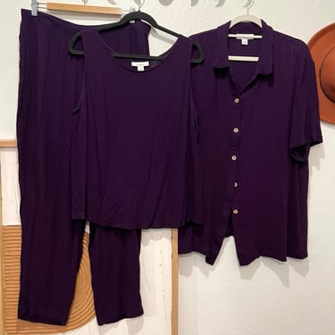 Purple Three Piece Summer Set Rayon Tank Button Down Shirt Pants 20W 