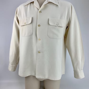 1940's Gabardine Shirt - Rayon Fabric - Dagger Lapels - Buttondown Flap Patch pockets - Loop Collar - Men's Size Medium 