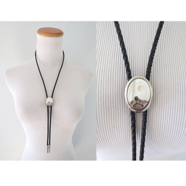 Vintage Bolo Tie Necklace - Mother of Pearl Abalone Shell Inlay - Beach Seagull Design 