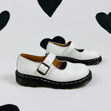 Vintage Dr. Marten's white leather Mary Janes flats shoes 90's classic grunge strap rare stitching woman's US 7 original Made in England 