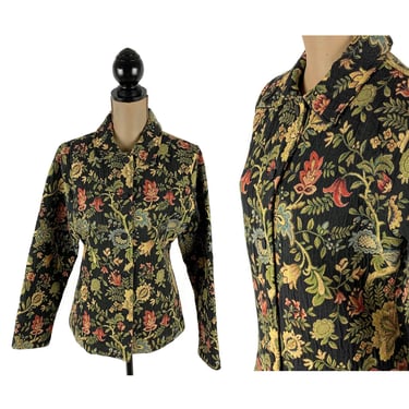 Y2K Black Floral Tapestry Jacket Large, Collared Button Up, Bohemian Baroque Cottagecore, 2000s Clothes Women, Vintage Carol Anderson 