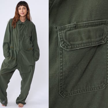 80s Army Coveralls Olive Green Military Jumpsuit Flight Suit Boilersuit Long Sleeve Boiler Suit Workwear Utility Vintage 1980s Men's Large L 