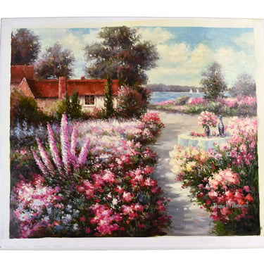 Impressionist Oil Painting Pathway Amongst Pink Flower Field 