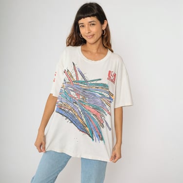 Vintage 90s Abstract T-Shirt Distressed Ripped Tee Brushstroke Lines Graphic Tee Retro TShirt White JCPenney USA Sports 1990s Large L 