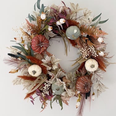 Boho Neutral Fall wreath with burnt orange, dusty blues, and cream berries, Mini pumpkins Front Door Wreath, Modern Autumn Wreath 