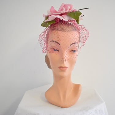 1960s Pink Millinery Rose and Netting Whimsy Hat 