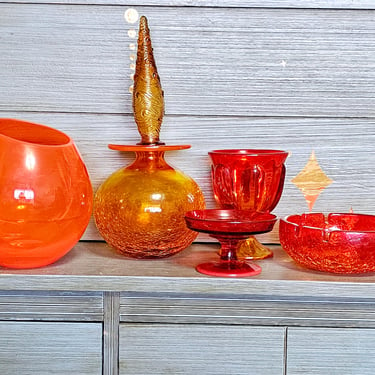Mid Century Orange Colorful Glass Vase Bottle Set Decor Glassware 