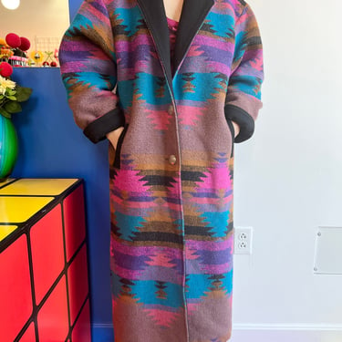 80’s Pioneer Wear Southwestern Serape Turquoise Pink Blanket Wool Coat Duster