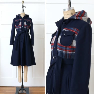 vintage 1970s hooded princess coat • navy blue wool belted full length coat with plaid top & pockets 