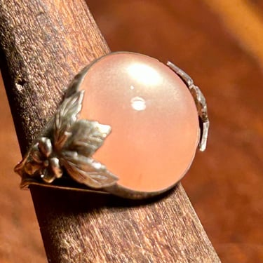 Vintage Art Nouveau Ring Sterling Silver Pink Moonstone Marked Sterling Floral 