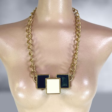 VINTAGE 70s Monet Navy Blue & Cream Enamel Gold Chain Modernist Necklace | 1970s Vintage Big Link Bib Statement Necklace | Vfg 