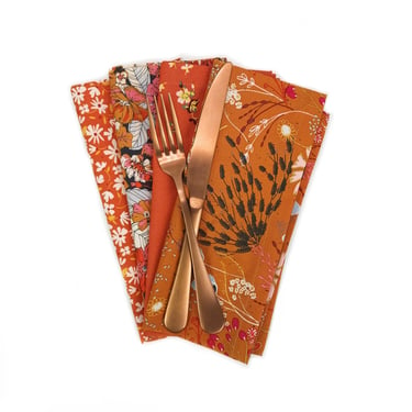 Fall Floral Cloth Napkins, Set of 4 Mix and Match Cloth Napkins, Thanksgiving Cloth Napkins 