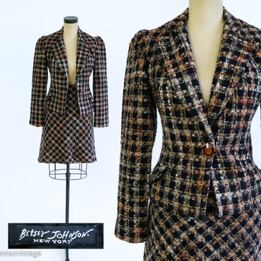 Betsey Johnson | 1990s Brown & Black Suit Set | 90s Black Brown Plaid Suit | Betsey Johnson | Medium 