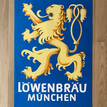 Vintage Original Bavaria 1970's Löwenbräu München Brewery Munich Germany Blue and Gold Lion Beer Collectible Poster 