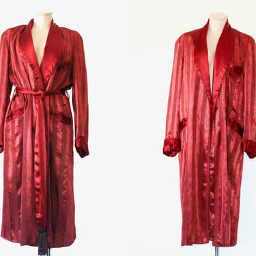 1930s Silk Satin Dressing Robe with Tassel Sash Belt - Vintage Jacquard Shawl Collar Robe with Pockets - 