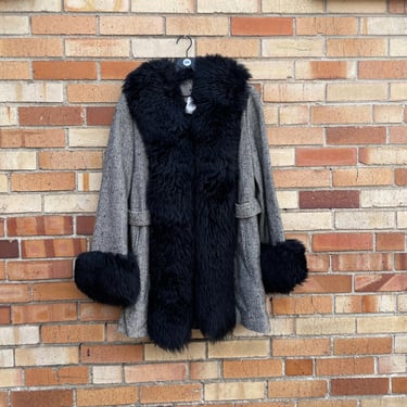 vintage 60s/70s grey tweed fur penny lane coat / l large 