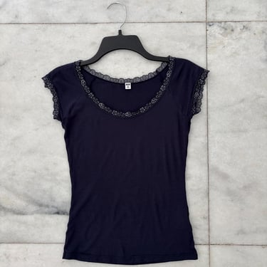 Y2K Vintage Uniqlo Womens Shirt Baby Tee Navy Blue Knit Lace Trim Short Sleeve Size XS 