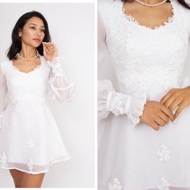 Vintage 1970s 70s White Lace Floral Appliqué Pearl Flared Mini Dress w/ Sheer Bishop Sleeves, Queen Anne Neckline / Bridal Elopement Wedding 